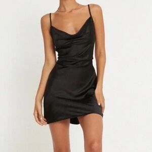 Motel Black Cowl Neck Satin Slip Mini Dress with Tie Back